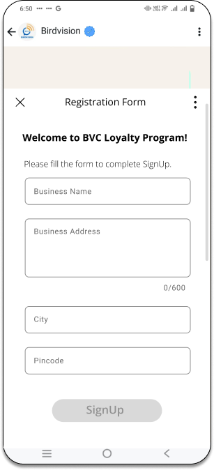 Registration form interface